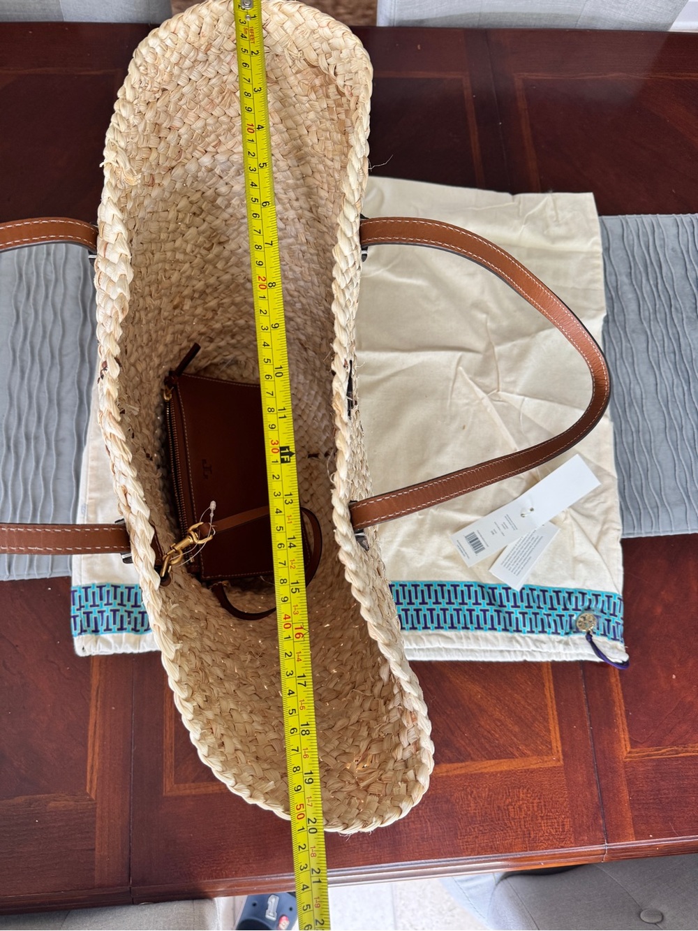 Tory Burch McGraw Straw Shopper Tote Natural Woven Raffia Leather Pouch Dustbag - Picture 13 of 16